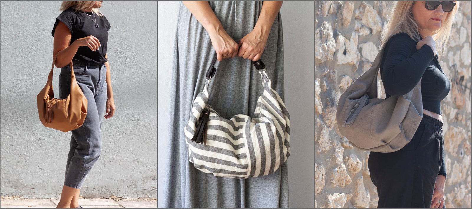 Hobo bag in grey patterned wool and black leather, slouch shoulder purse everyday bag - Mini Kallia shops bag