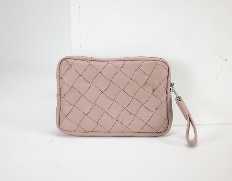 Antheia mini wallet - Beige pink handwoven sheepskin - milloobags