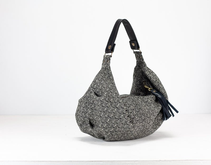 Kallia mini bag - Black patterned wool and black leather - milloobags