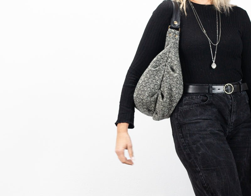 Kallia mini bag - Black patterned wool and black leather - milloobags