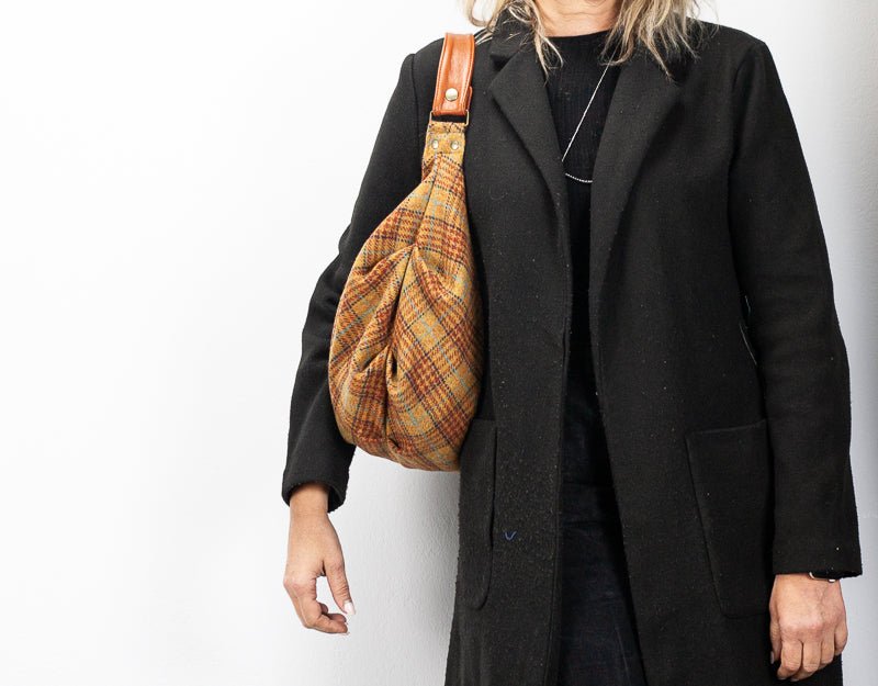 Kallia mini bag - Beige plaid wool and brown leather - milloobags