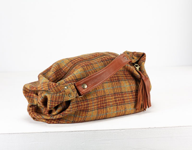 Kallia mini bag - Beige plaid wool and brown leather - milloobags