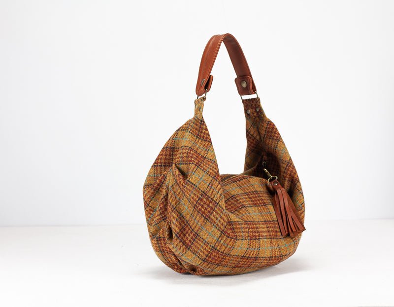 Kallia mini bag - Beige plaid wool and brown leather - milloobags