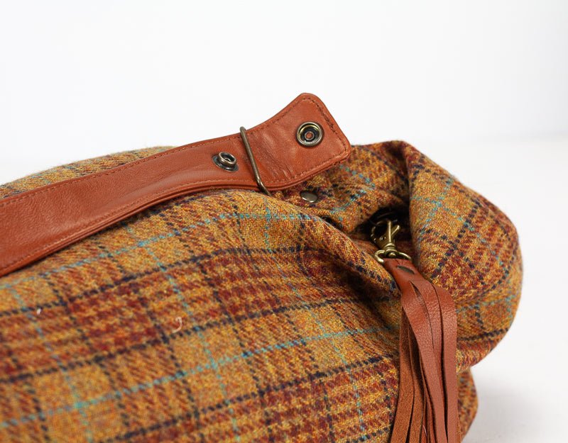 Kallia mini bag - Beige plaid wool and brown leather - milloobags