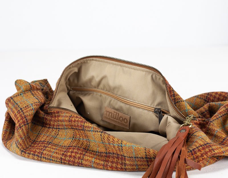 Kallia mini bag - Beige plaid wool and brown leather - milloobags