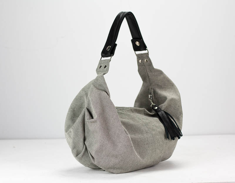 Hobo bag in beige patterned wool and brown leather, buy slouch shoulder purse everyday bag - Mini Kallia bag