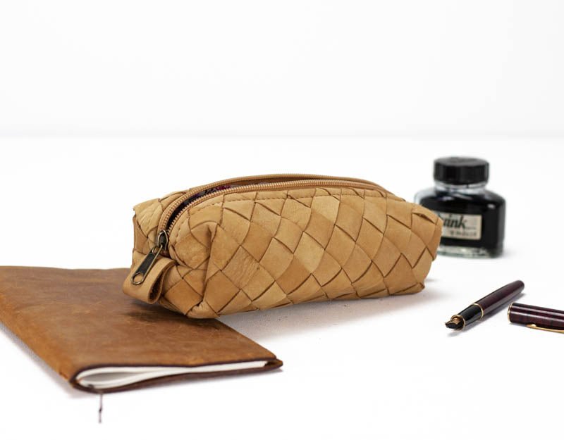 REC Double Case Milk Coffee Brown Leather Pencils Case, Rectangular  Accessory Bag Purse Case Glasses Markers Zipper Pouch 
